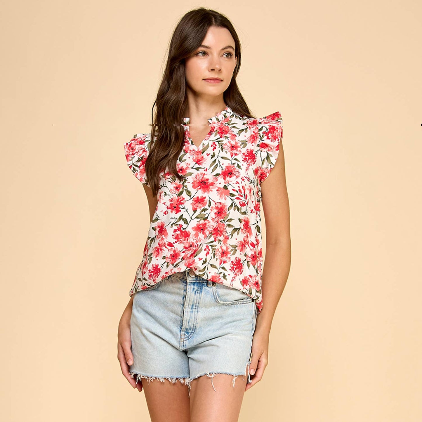 Floral Printed V Neck Top with Ruffled Neck and Sleeves