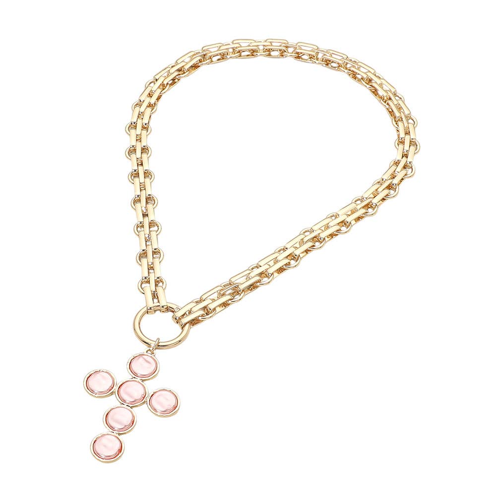 Pearl Cross Charm Pendant Chunky Chain Statement Necklace