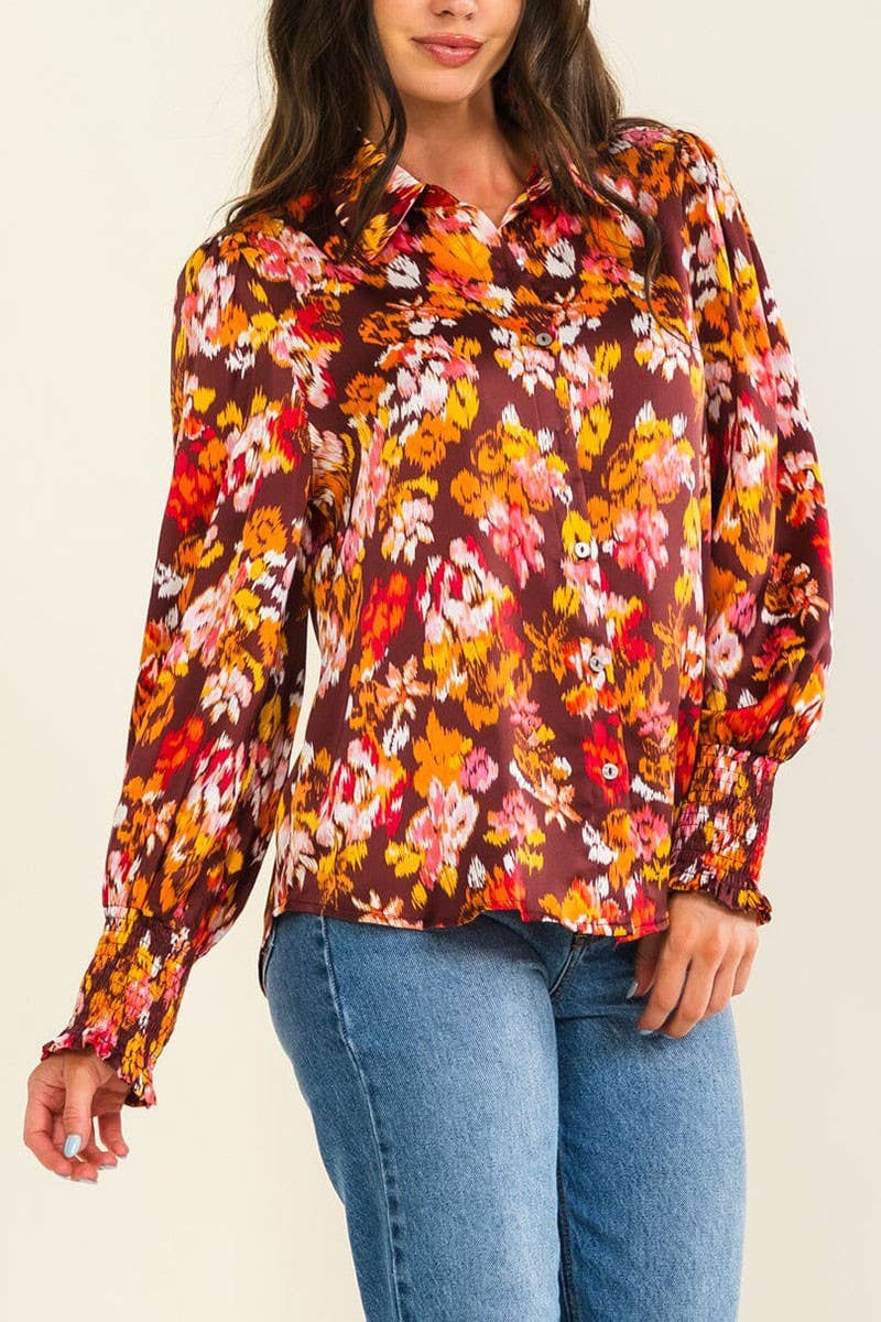 LONG SLEEVE BUTTON UP FLORAL PRINT BLOUSE