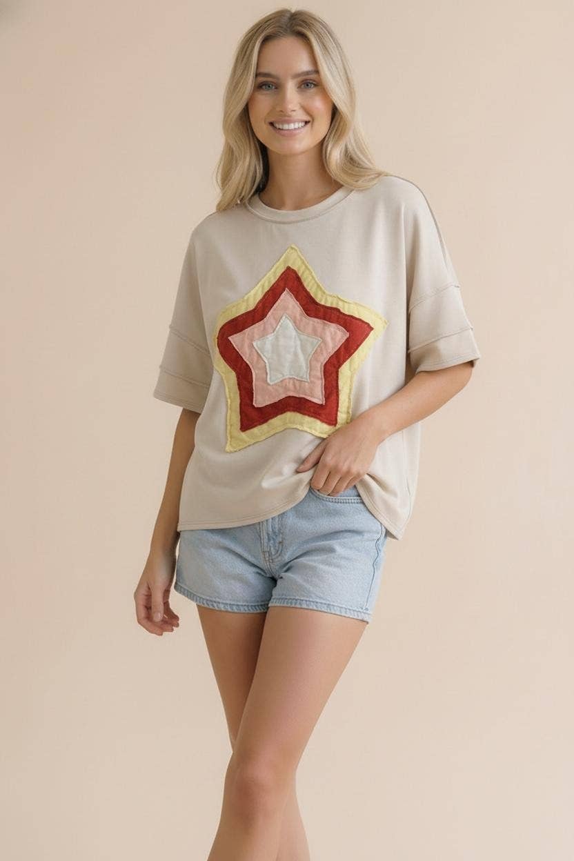 Short Sleeve Multi Color Star Patchwork Top