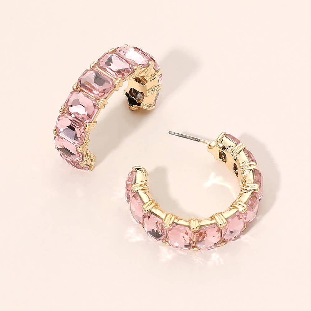 Faceted Rectangular Gem Curved Hoop Earrings
