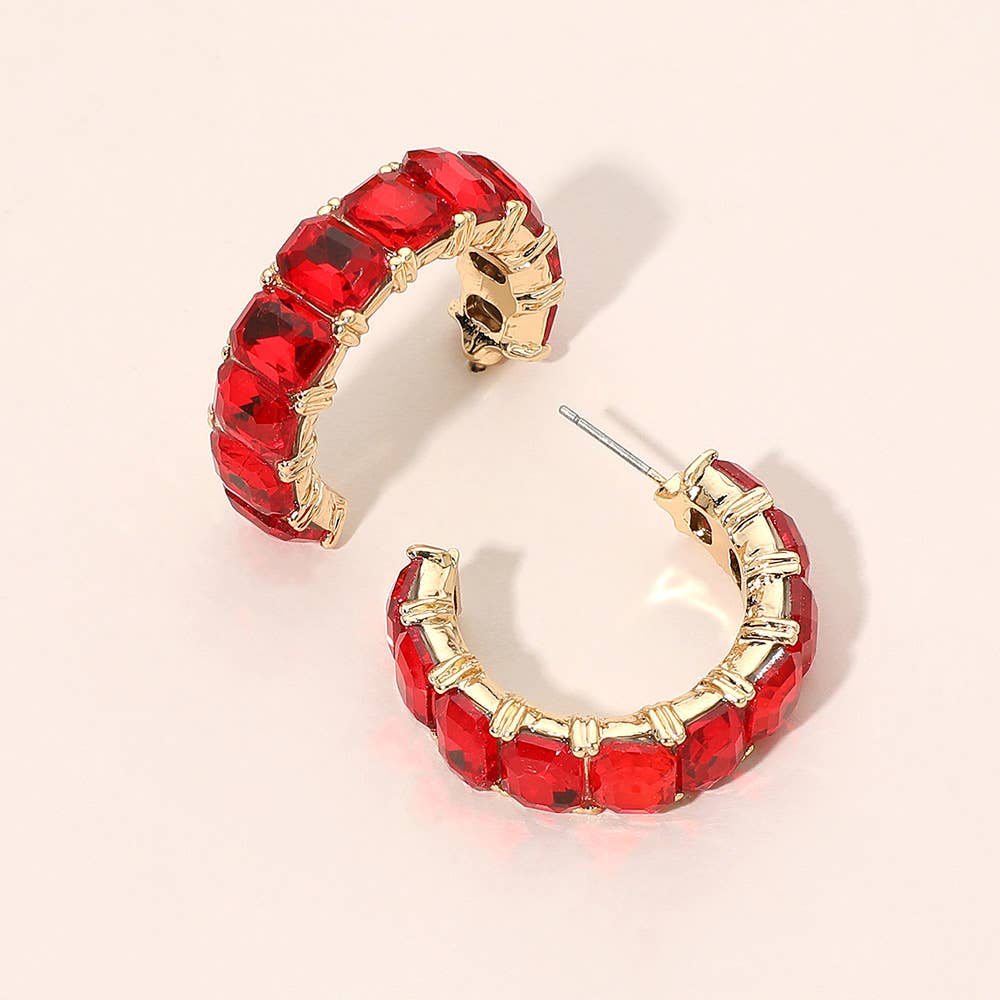 Faceted Rectangular Gem Curved Hoop Earrings