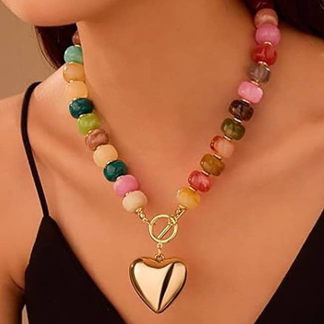 MULTI BEADED HEART CHARM TOGGLE NECKLACE | 40NK9700
