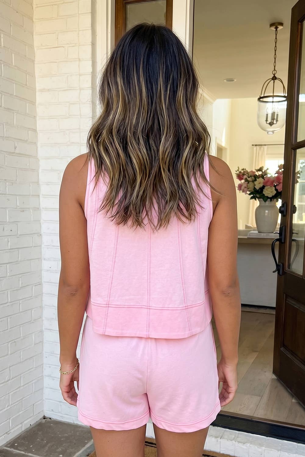 LAS Stitched Detail Loose Tank Top 2pcs Short Set (S-XL) Arrival Date 5/25-5/28