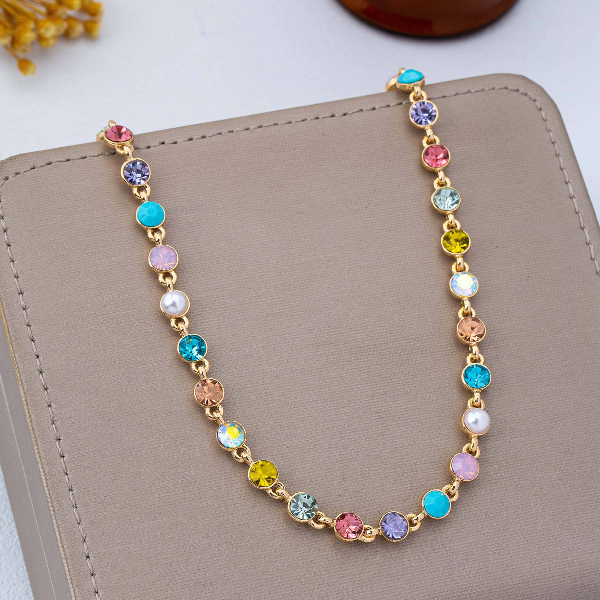 Multi Color Crystal & Pearl Tennis-Style Necklace | 80N93257
