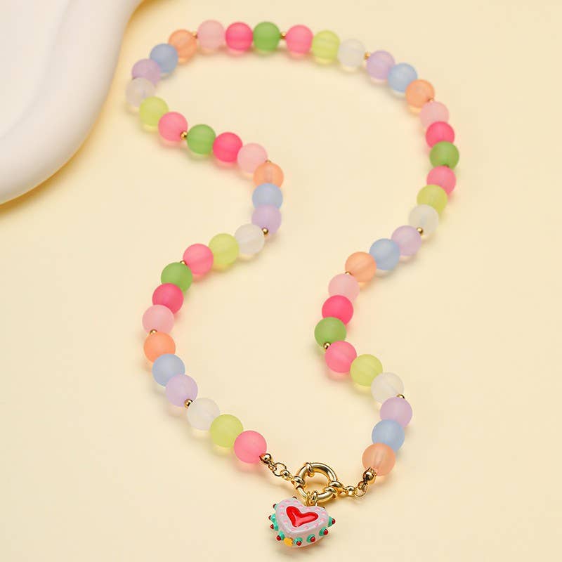 Multi Frosted Glass Bead & Enamel Heart Necklace | 40NK9766