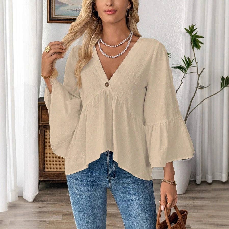 Cotton V-Neck Ruffle Sleeve Top Flowy Loose Blouse