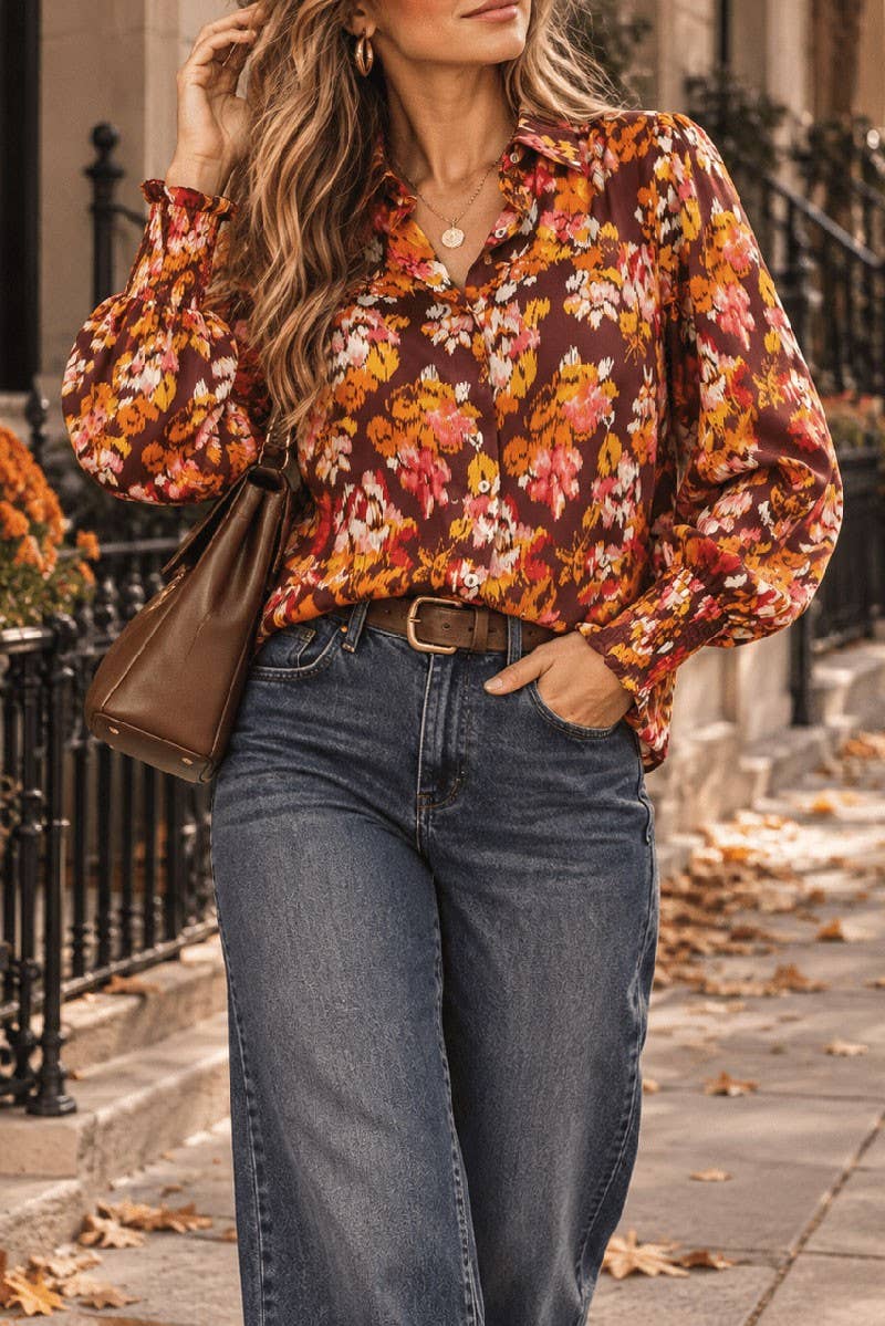 LONG SLEEVE BUTTON UP FLORAL PRINT BLOUSE