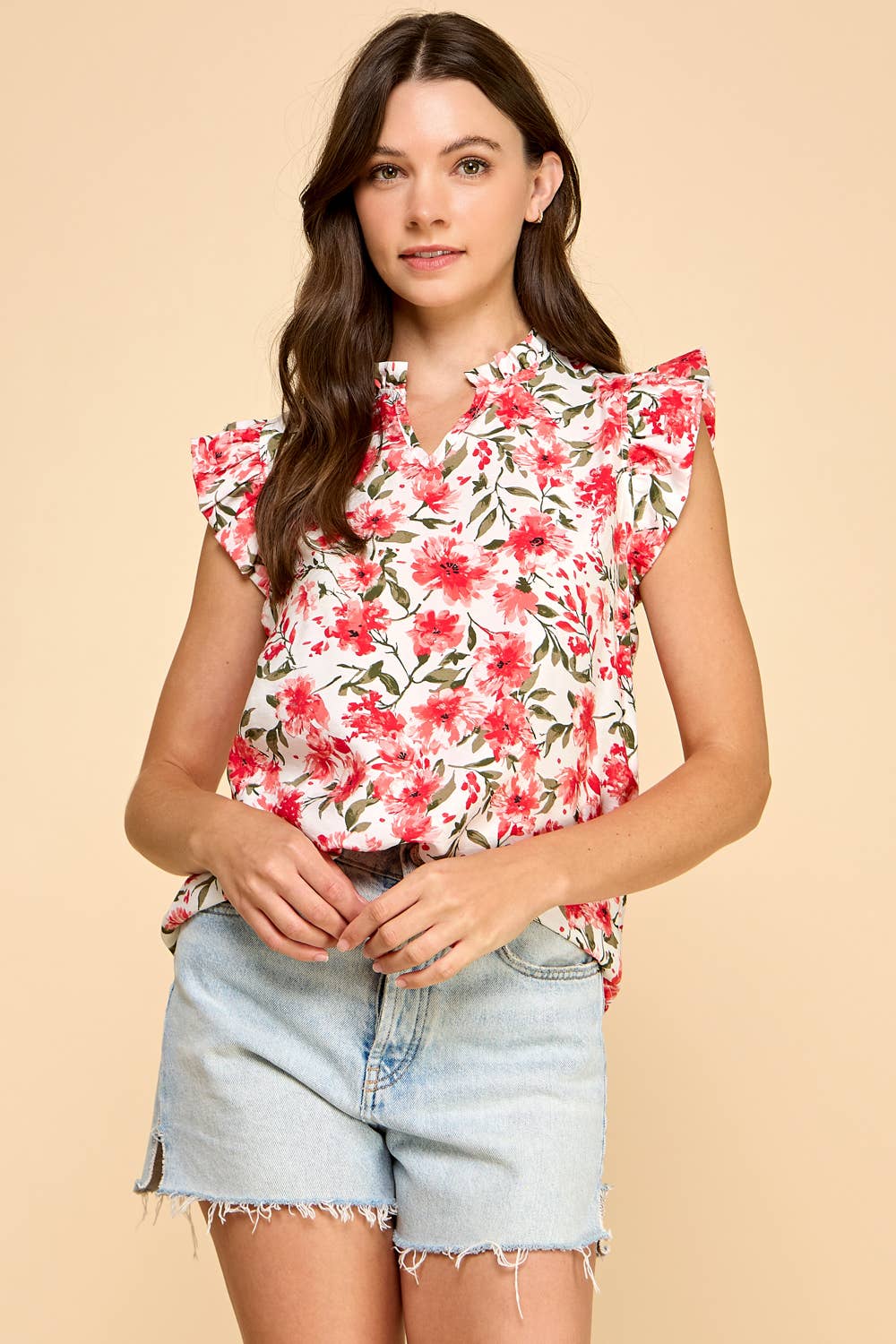 Floral Printed V Neck Top with Ruffled Neck and Sleeves