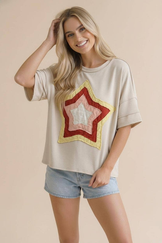 Short Sleeve Multi Color Star Patchwork Top