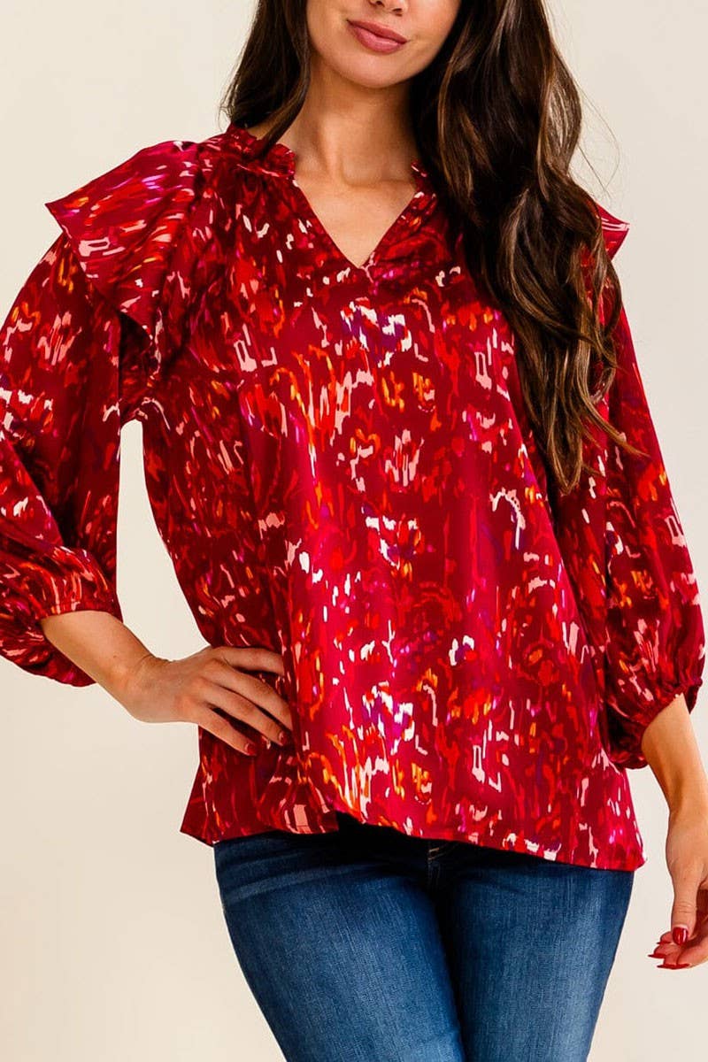 3/4 SLEEVE V-NECK MULTI PRINT BLOUSE