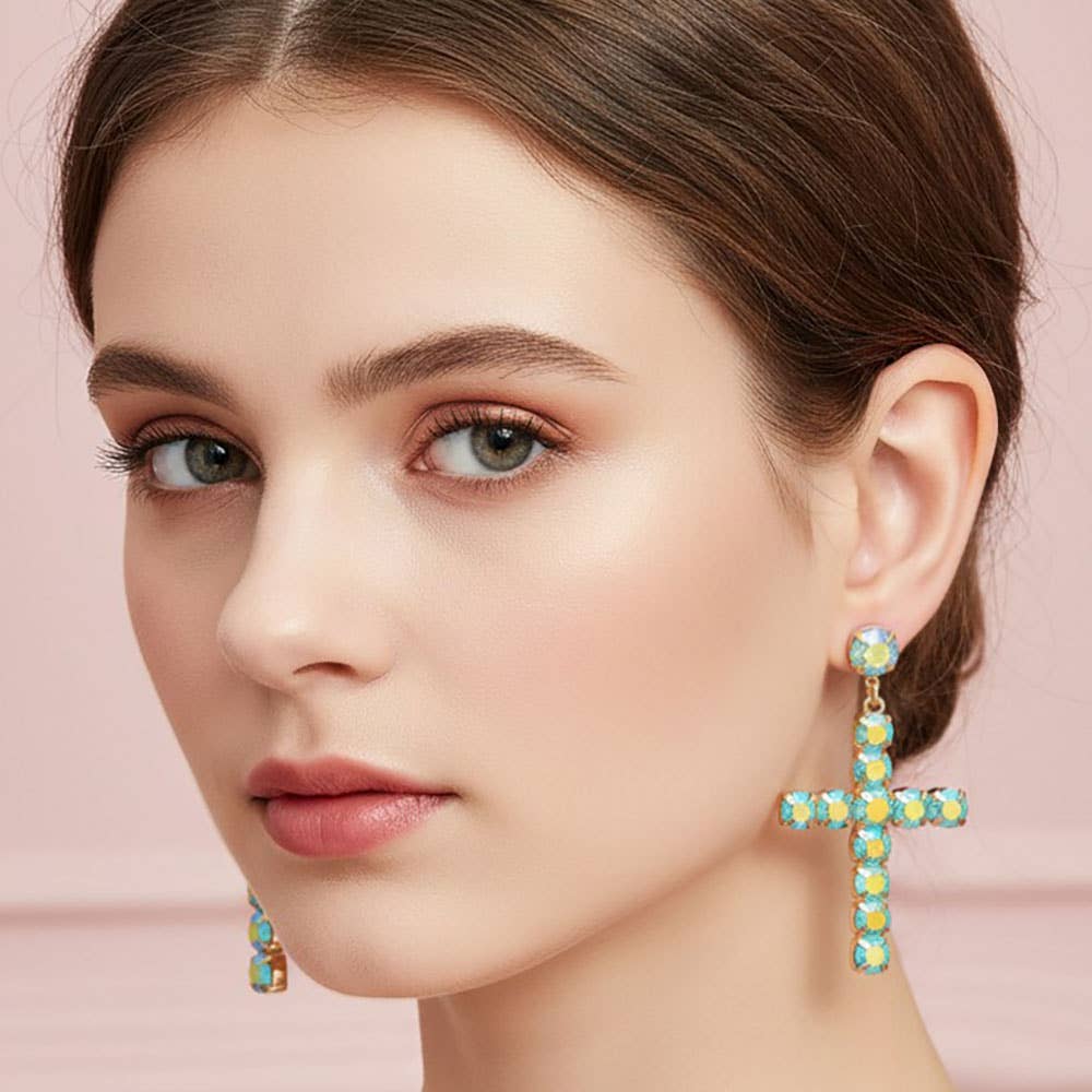 Round Gem Cross Charm Drop Statement Earrings