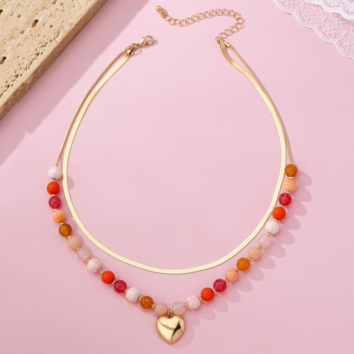 Multi Layered Beaded Heart Charm Necklace | 80N92705