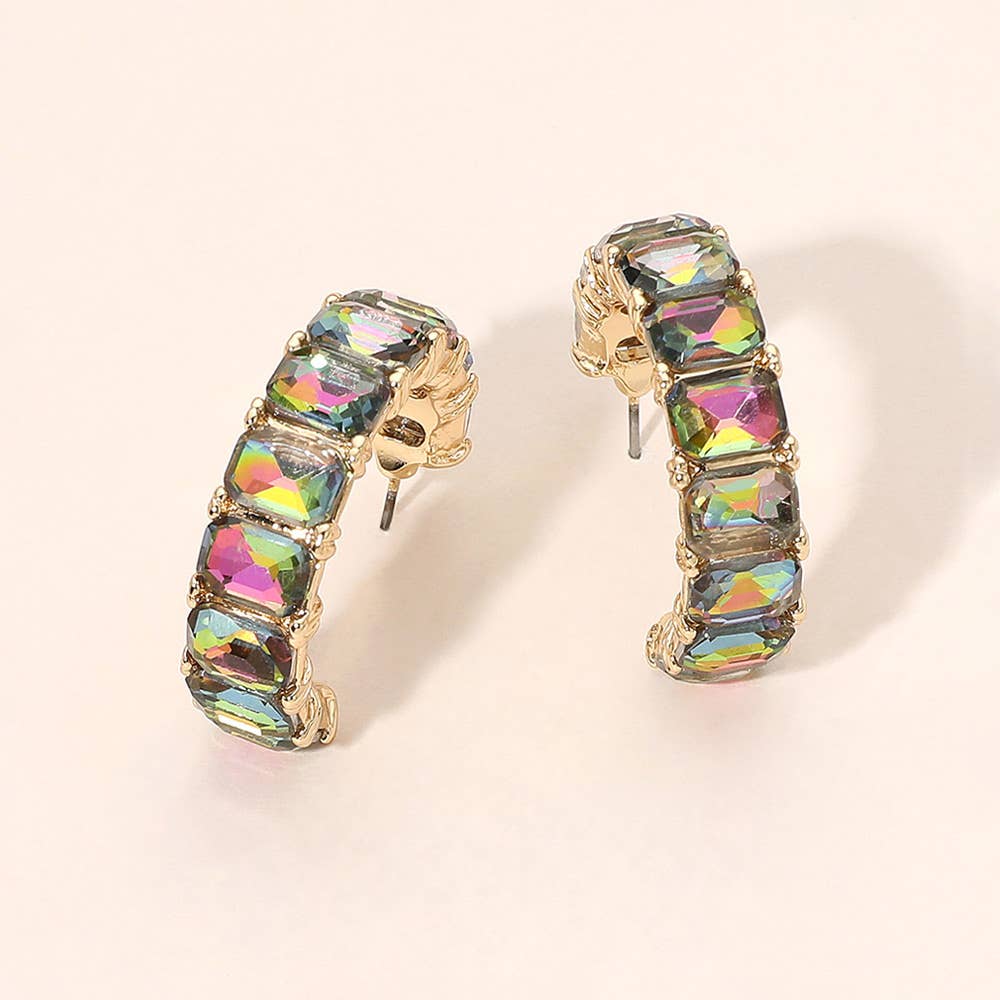 Faceted Rectangular Gem Curved Hoop Earrings