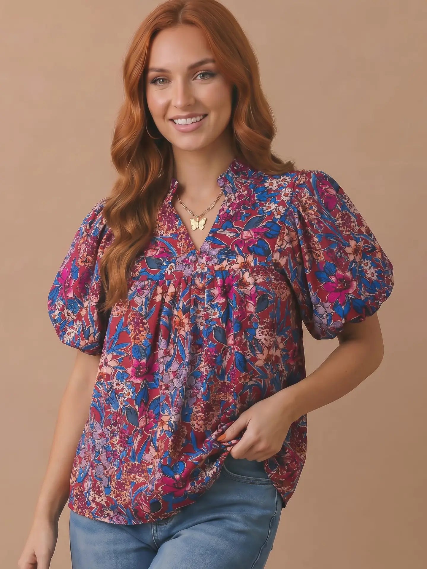Floral Print Puff Sleeves Flowy Fit Woven Top 6/20