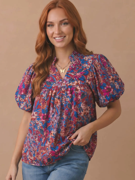 Floral Print Puff Sleeves Flowy Fit Woven Top 6/20
