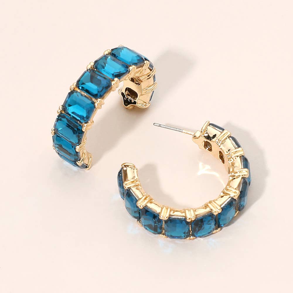 Faceted Rectangular Gem Curved Hoop Earrings