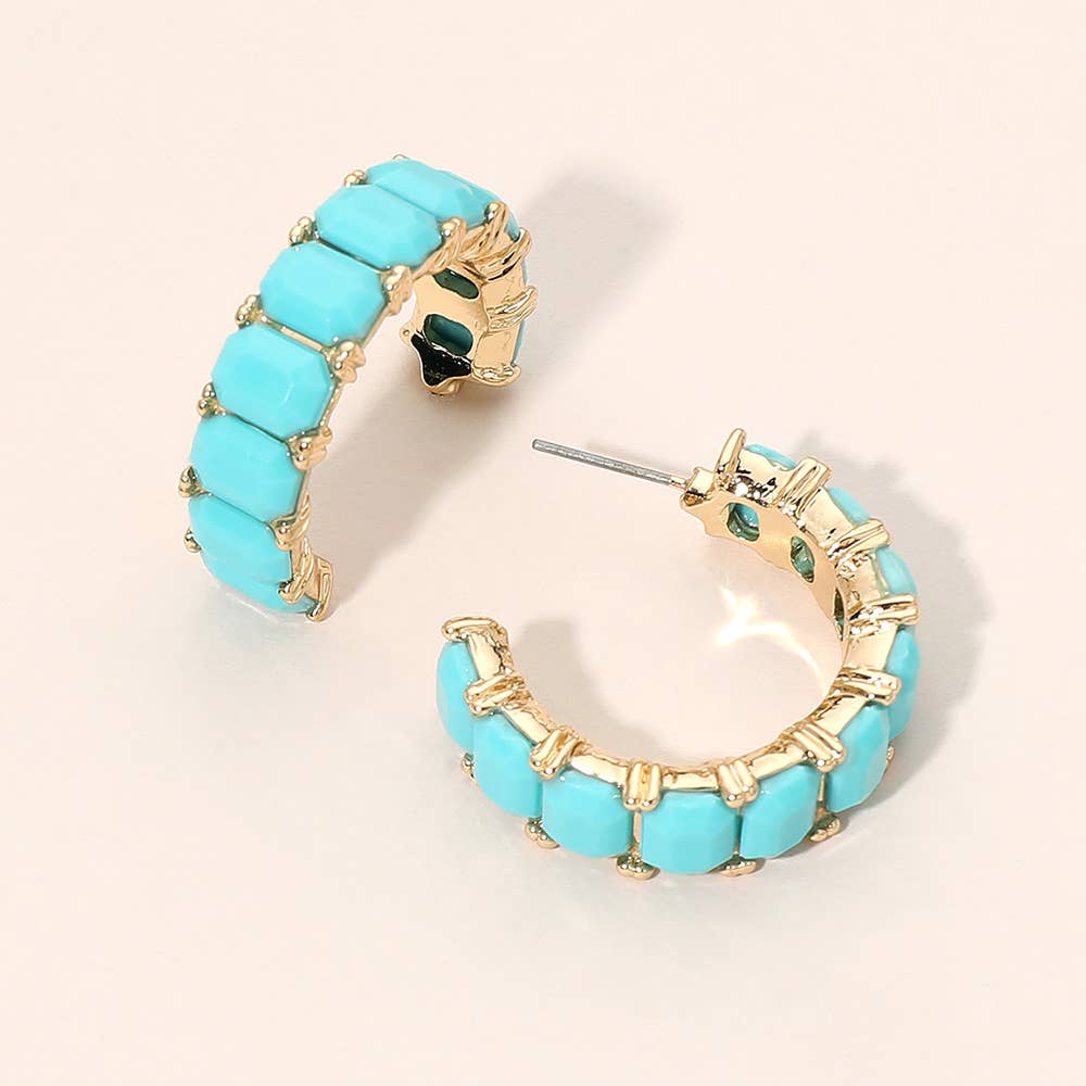 Faceted Rectangular Gem Curved Hoop Earrings