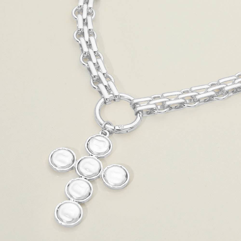 Pearl Cross Charm Pendant Chunky Chain Statement Necklace