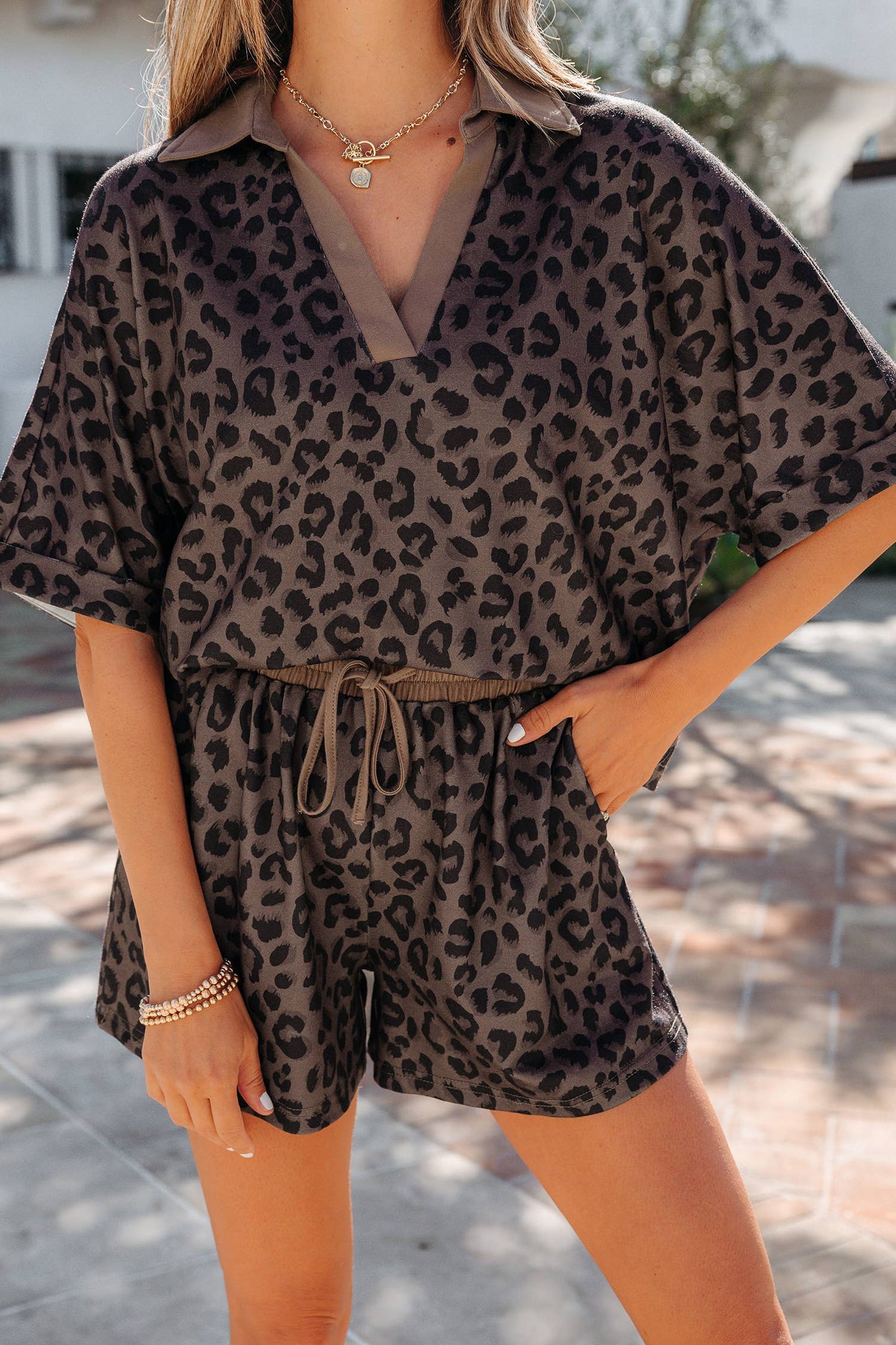 Brown Leopard Collared V Neck Top & Shorts Set