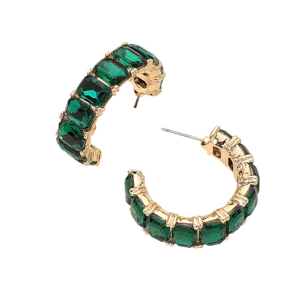 Faceted Rectangular Gem Curved Hoop Earrings