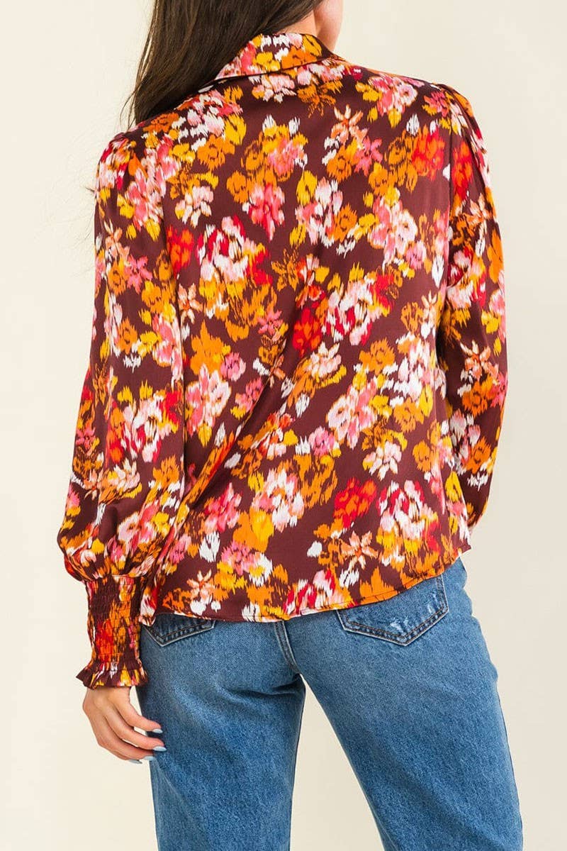 LONG SLEEVE BUTTON UP FLORAL PRINT BLOUSE