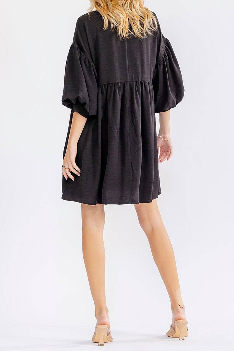 SHORT PUFF SLEEVE POCKETS TIERED TUNIC MINI DRESS