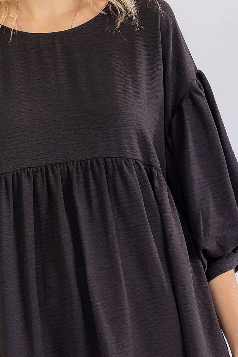 SHORT PUFF SLEEVE POCKETS TIERED TUNIC MINI DRESS
