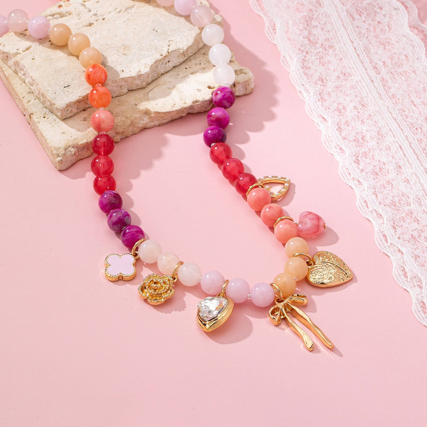 Pastel Beaded Bow Heart Flower Charm Necklace | 80N92704
