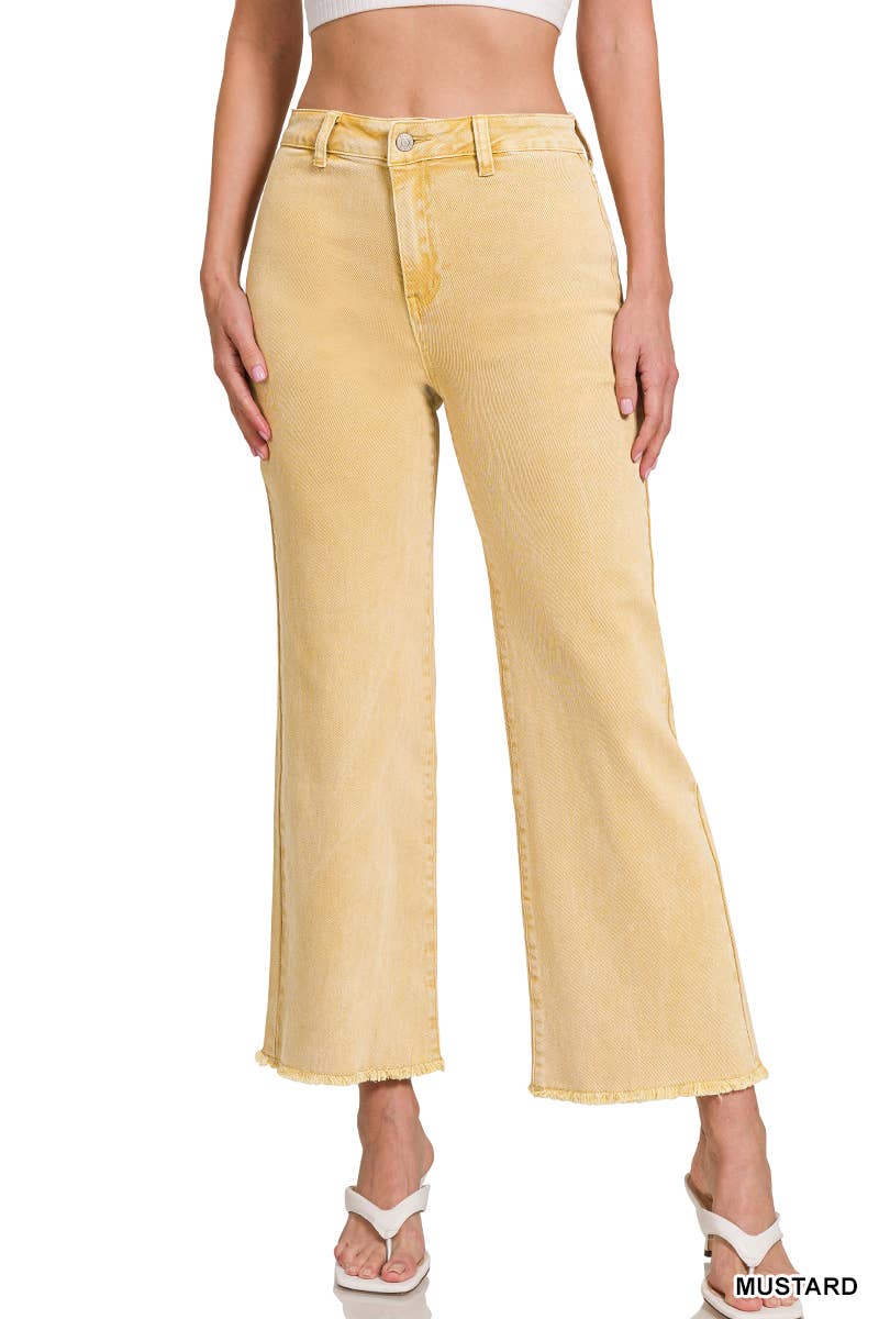 Acid Washed Frayed Cutoff Hem Straight Wide Pants Zenana