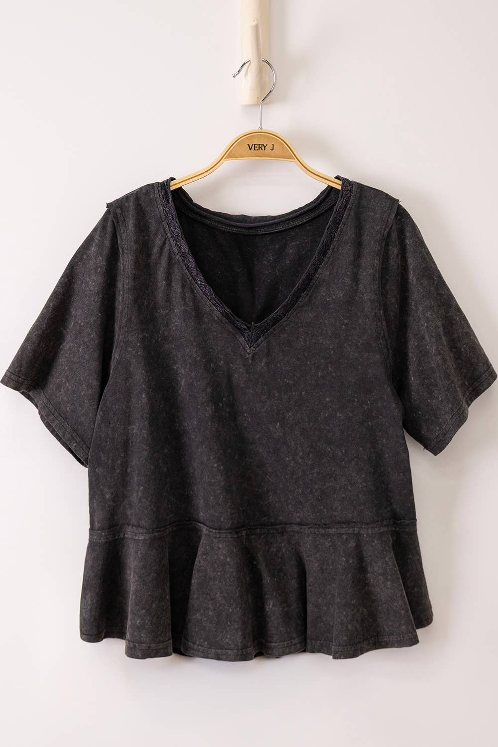 NT12466-Lace Trim Detail Mineral Washed V-Neck Knit Top