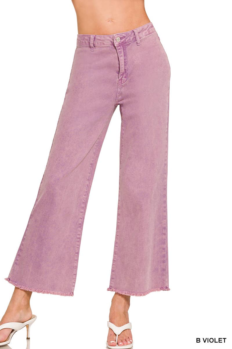 Acid Washed Frayed Cutoff Hem Straight Wide Pants Zenana
