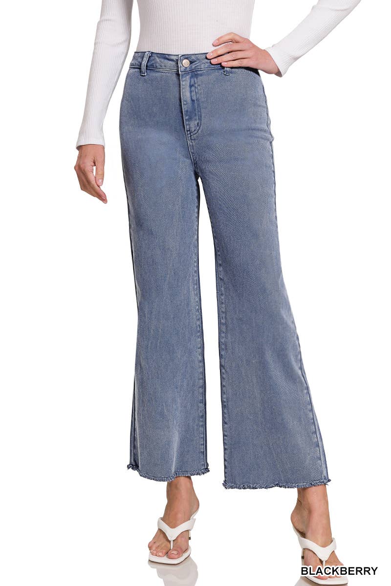 Acid Washed Frayed Cutoff Hem Straight Wide Pants Zenana