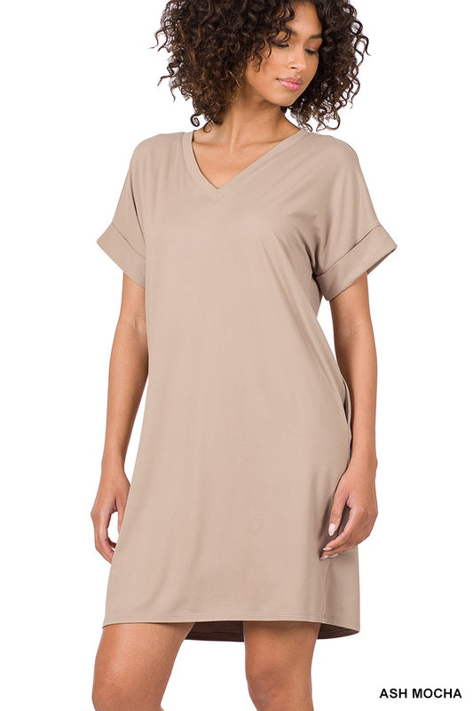 BRUSHED DTY ROLLED SHORT SLEEVE V-NECK DRESS #149