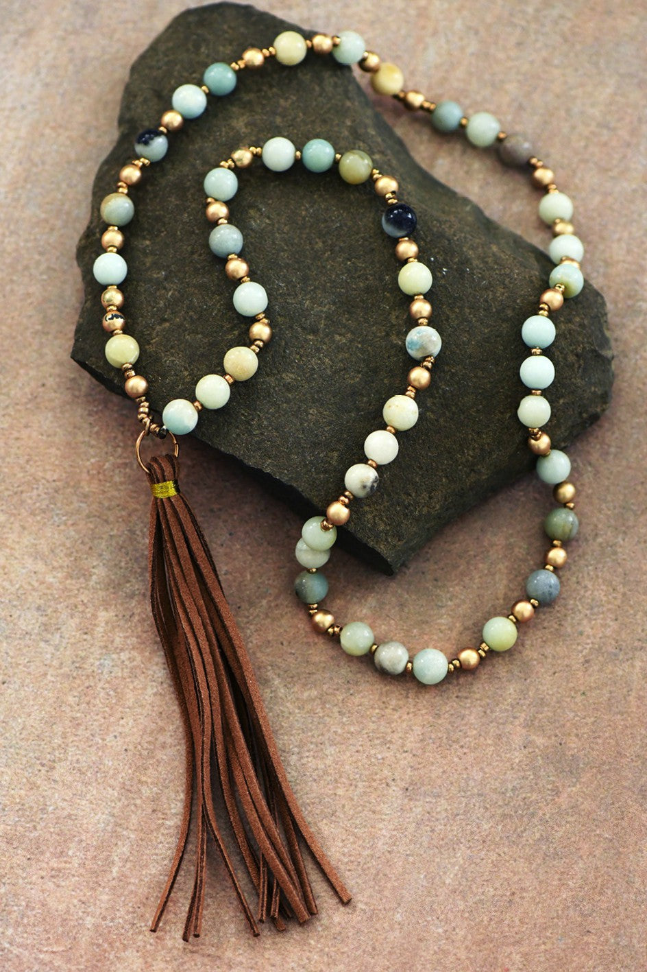 Natural Amazonite Stone Bead Necklace with Tassel  254