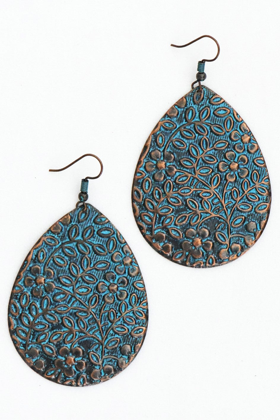 Boho Embossed Patina Teardrop Earrings  757