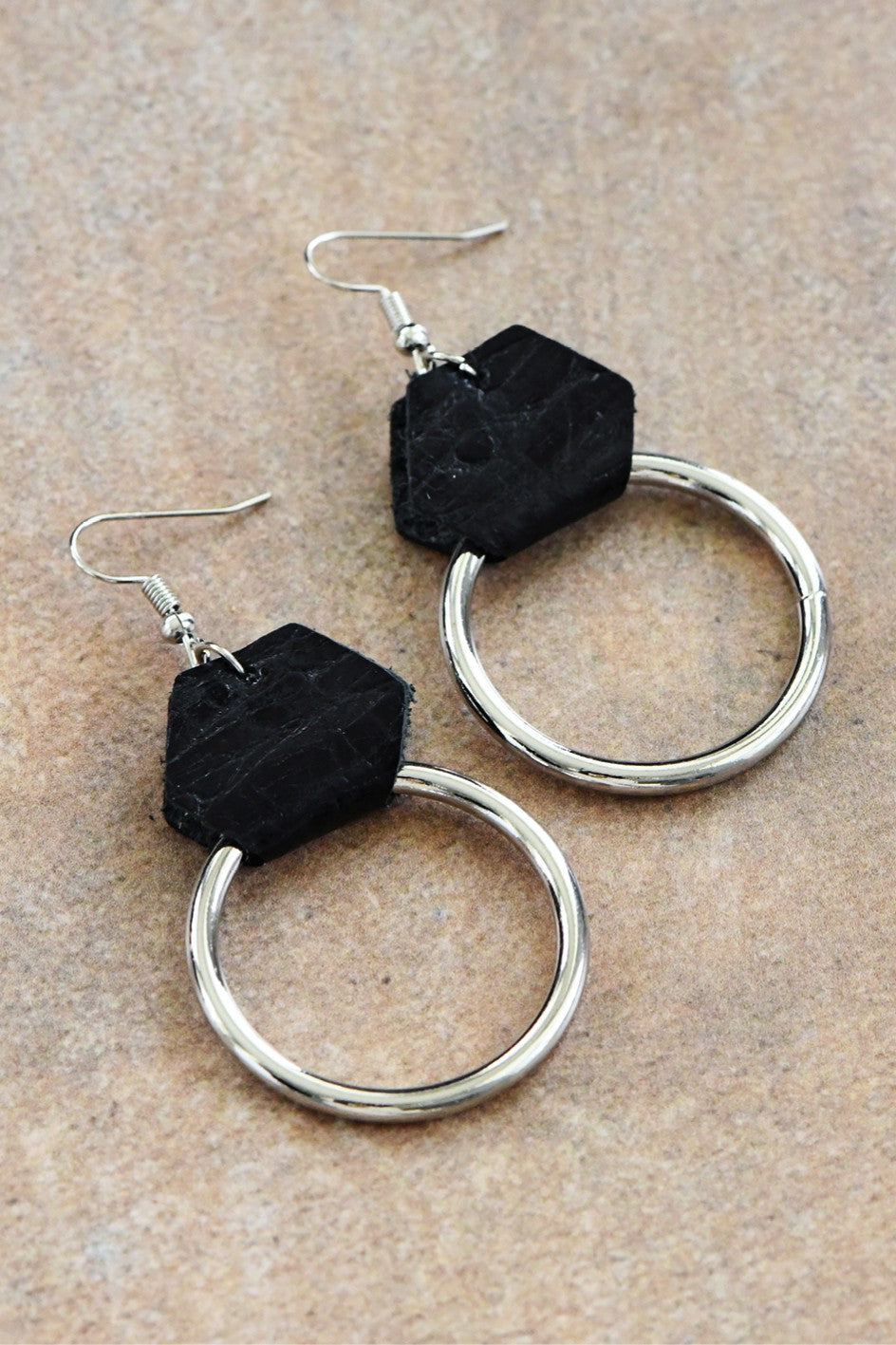 Round Silver Ring Earrings with Leather Accent 144