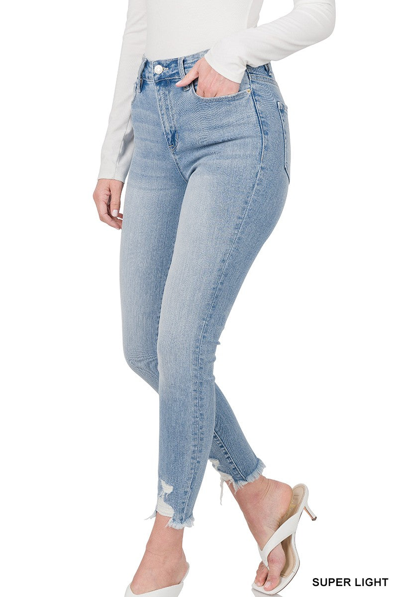 DISTRESSED HEM ANKLE SKINNY DENIM PANTS 700