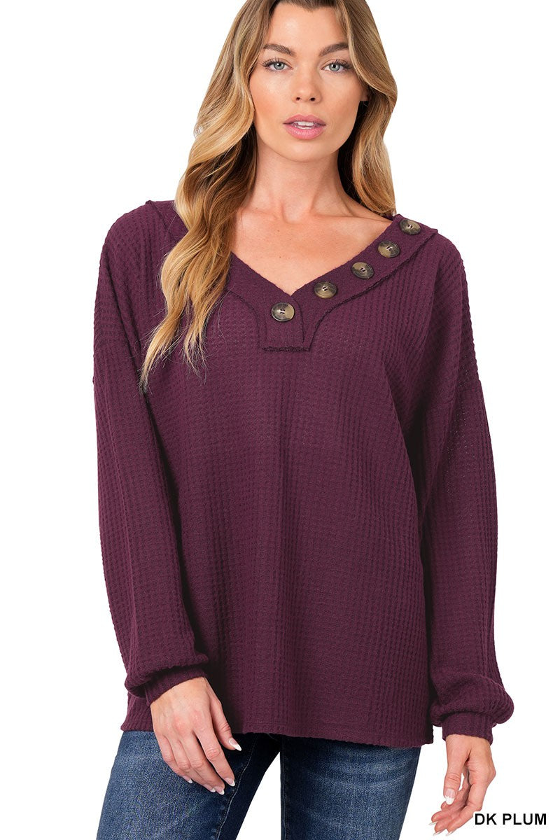 BRUSHED WAFFLE V-NECK BUTTON DETAIL SWEATER  214