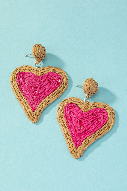 Raffia straw two tone heart drop earrings #208