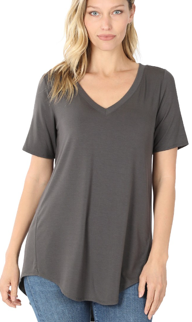 LUXE RAYON SHORT SLEEVE V-NECK HI-LOW HEM TOP