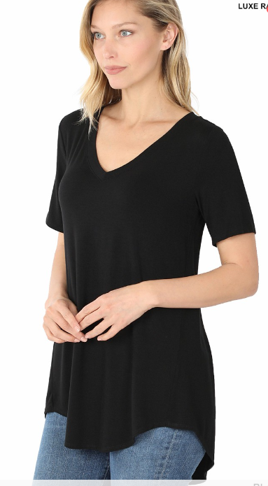 LUXE RAYON SHORT SLEEVE V-NECK HI-LOW HEM TOP