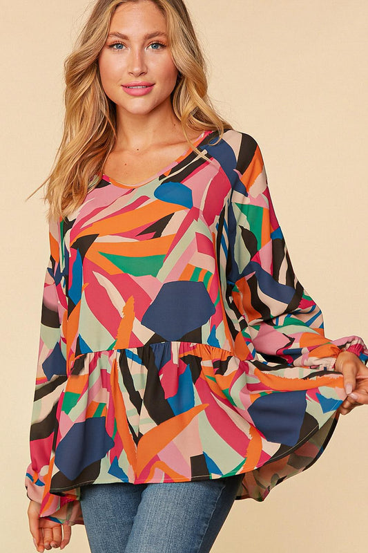 MULTI GEOMETRIC 201 WOVEN BABYDOLL BLOUSE TOP 205