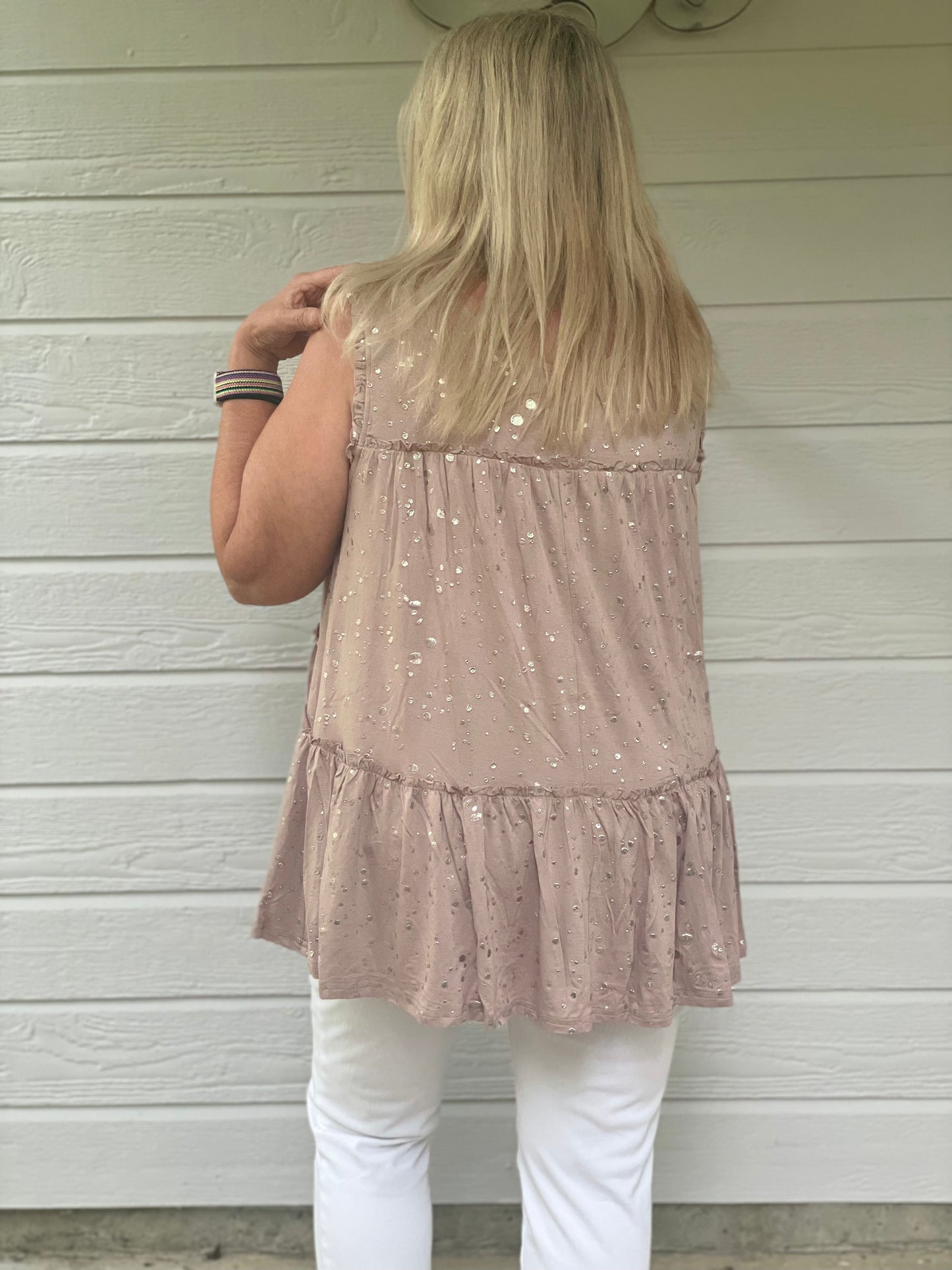 FOIL PRINTED RAW EDGED RUFFLE  TOP  561