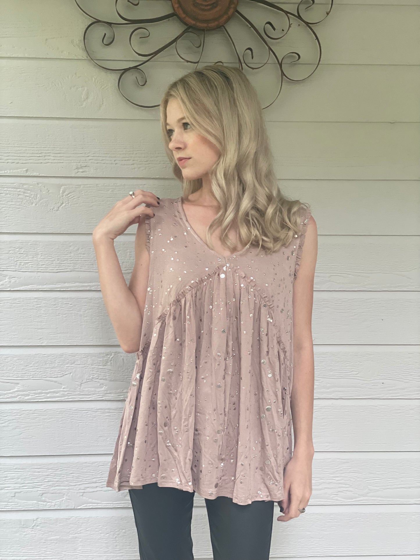 FOIL PRINTED RAW EDGED RUFFLE  TOP  561