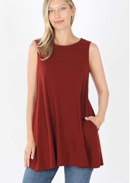 Sleeveless Boat Neck Flared Top With Side Pocket 334